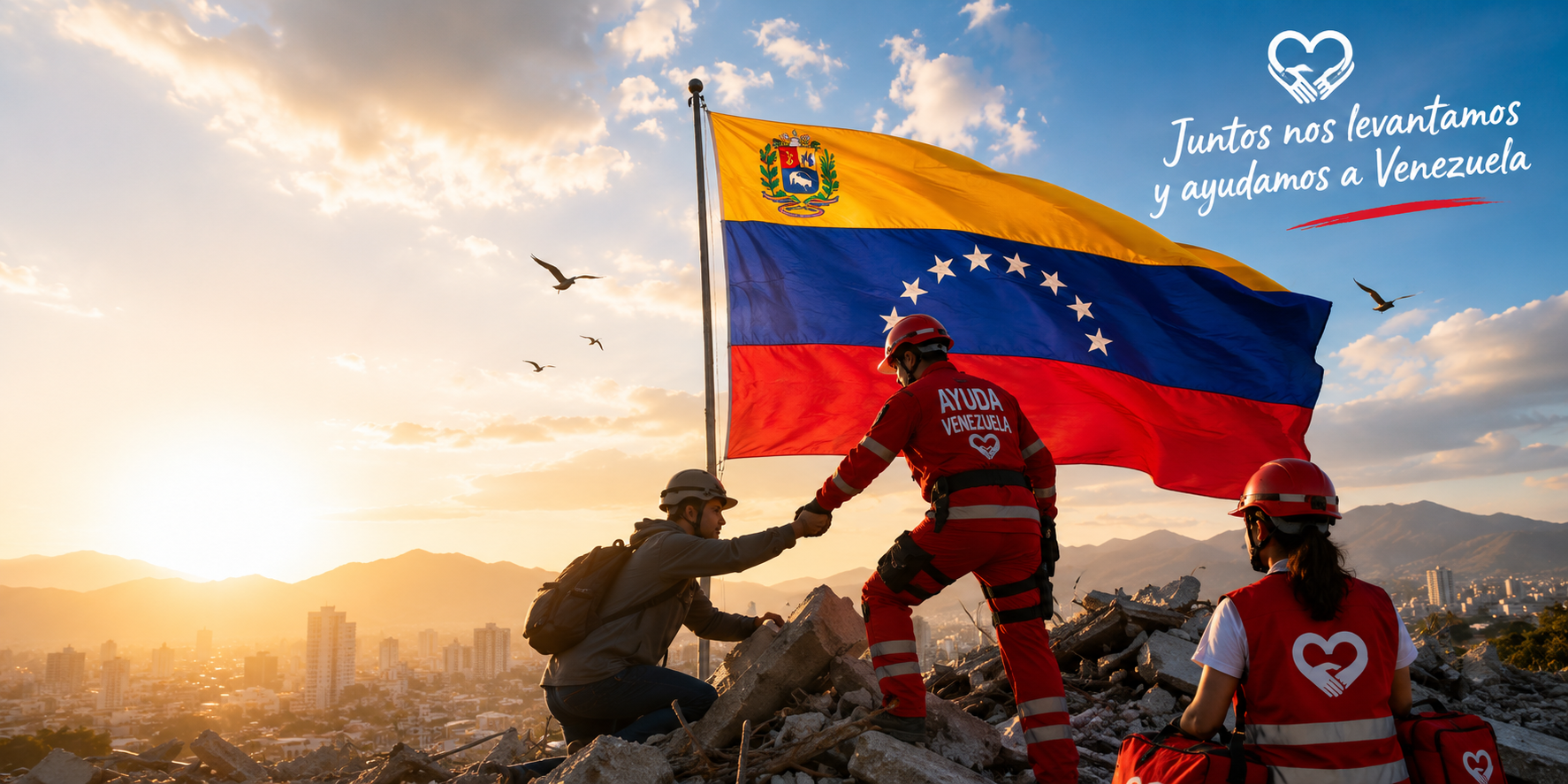 Juntos nos levantamos y ayudamos a Venezuela — rescatistas y voluntarios con la bandera de Venezuela